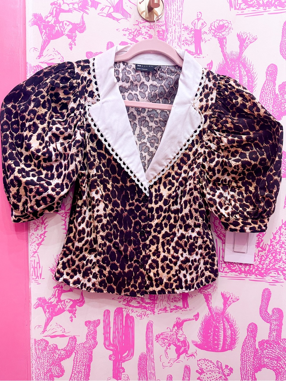 ASOS Leopard Print Puff Sleeve Blouse with Contrast White Notch Collar